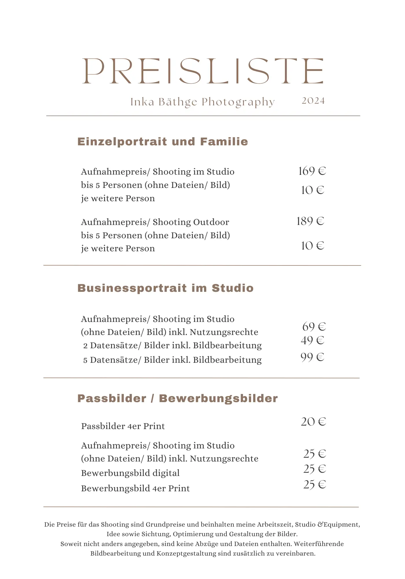 Preisliste für Fotos 2024