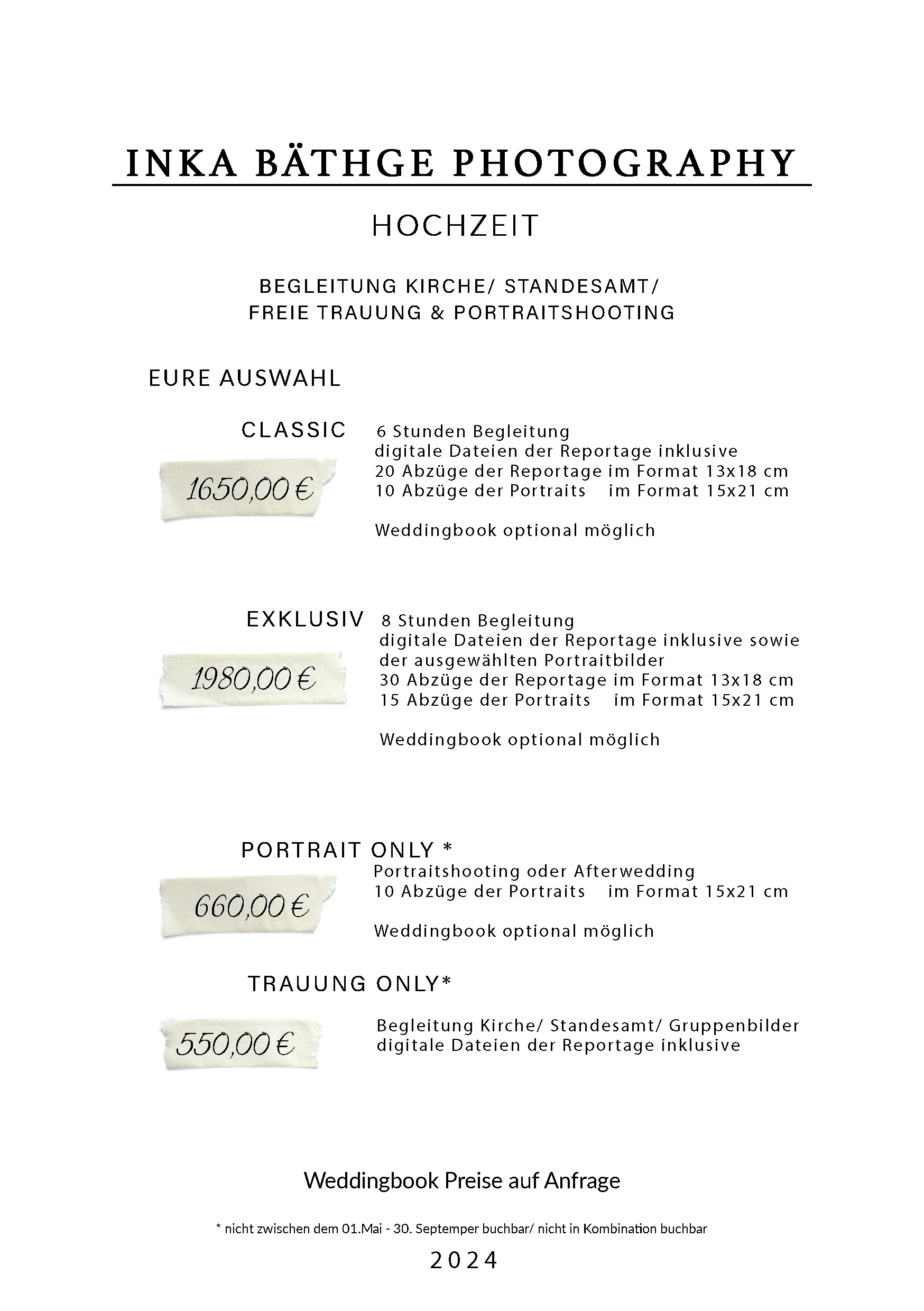 Preisliste für Hochzeitsfotos 2024